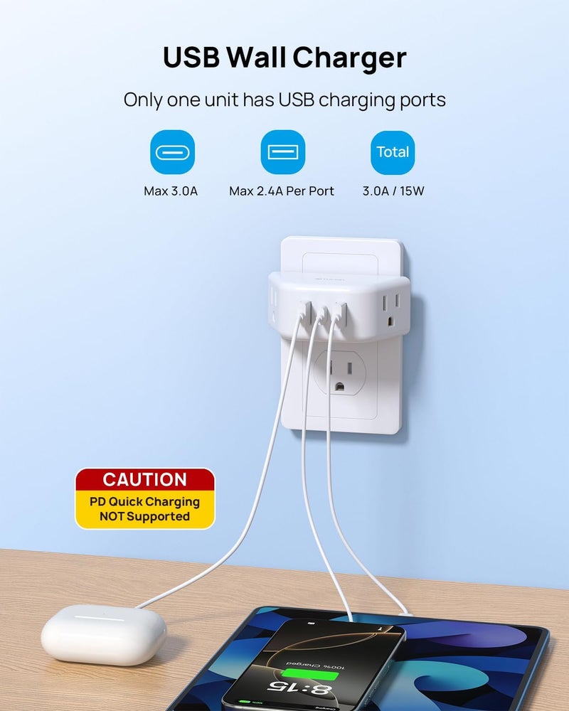 TROND Multi Plug Outlet Extender with USB - 2 Pack Wall Splitter, 3 Way Angled Outlet Adapter, Cruise Essentials, Small Multiple Expander for Cruise Ship Travel Home Office Dorm Room - Image 4